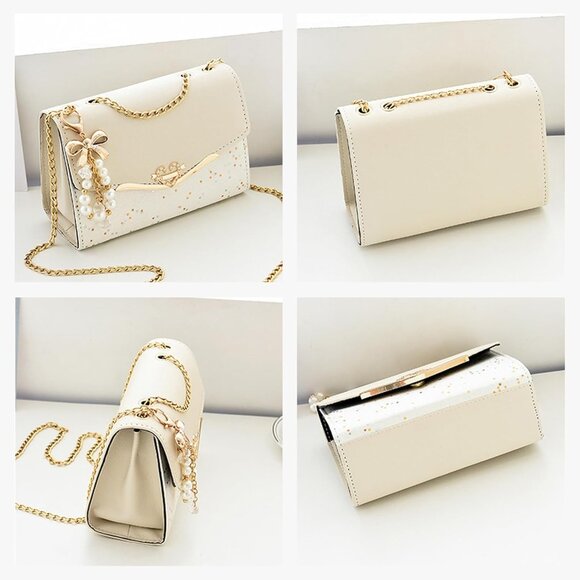 Beige PU Leather Glitter Handbag with Heart & Pearl Decor, Versatile Style - Picture 6 of 9